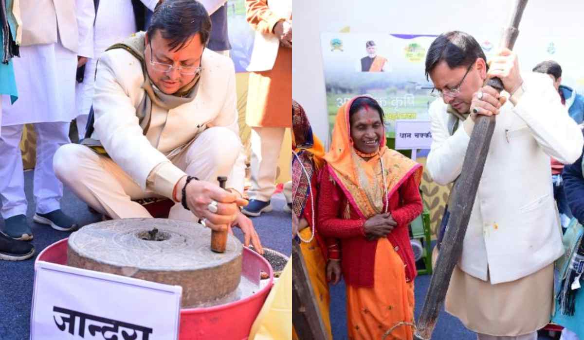 गौचर दौरे पर सीएम धामी, चमोली को दी करोड़ों की सौगात, ओखली से की धान की कुटाई
