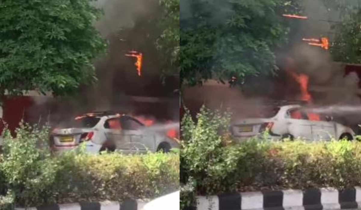 सड़क पर चलती कार बनी आग का गोला