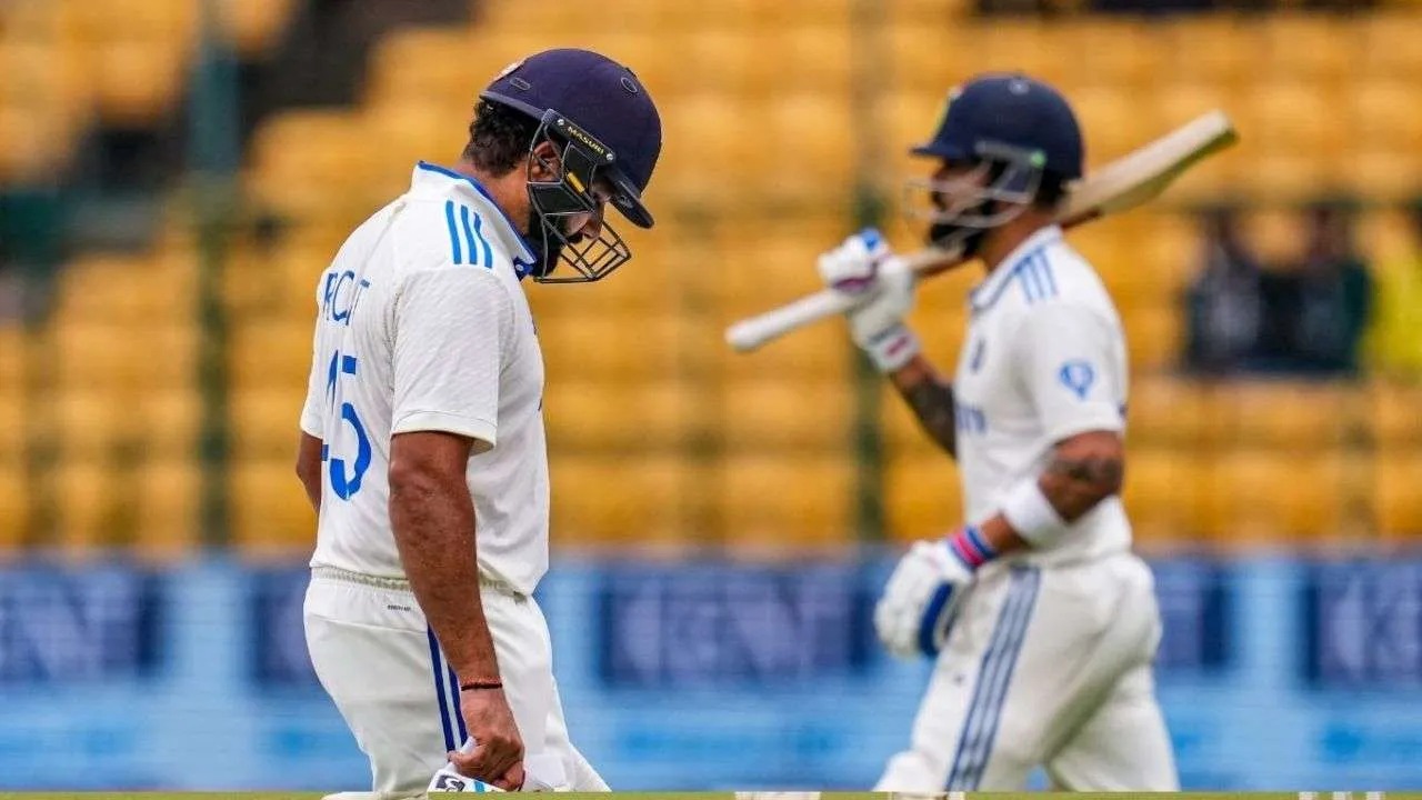 IND vs NZ 1st Test day 2 team india all out at 46 Rohit-Sharma-and-Virat-Kohli