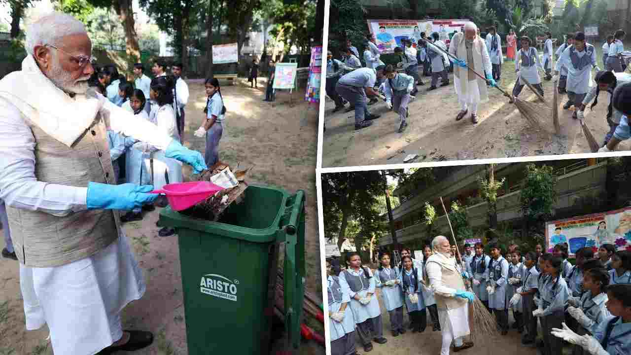 PM Modi sweeps with school children