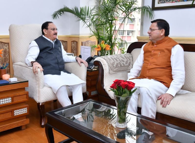 सीएम धामी ने की केंद्रीय स्वास्थ्य मंत्री से मुलाकात CM dhami meet jp nadda